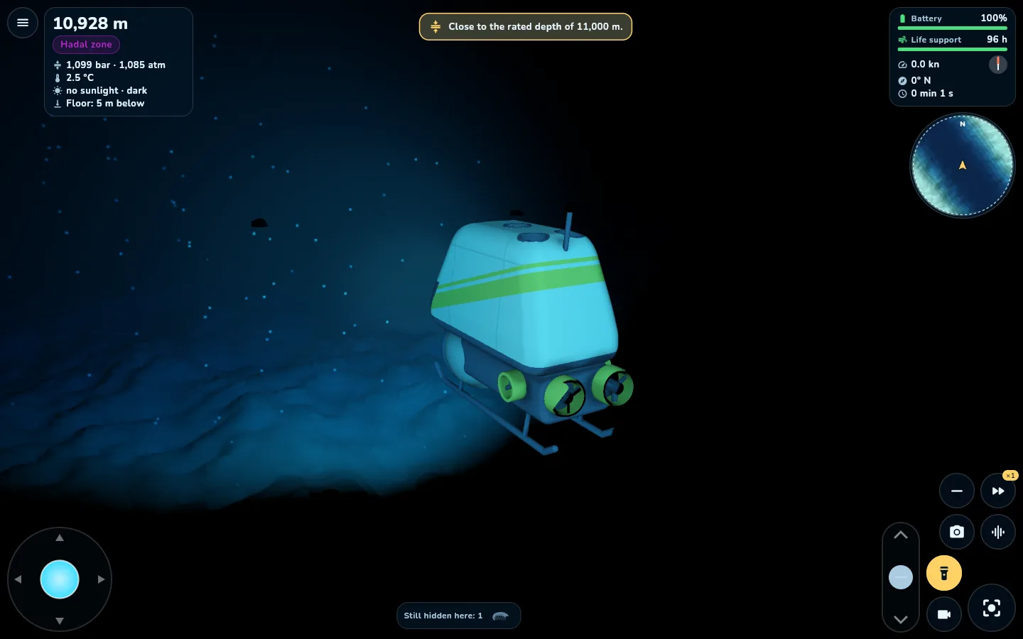 The full-ocean-depth submarine lighting up the floor of Challenger Deep, 10,928 metres down, on a desktop browser.