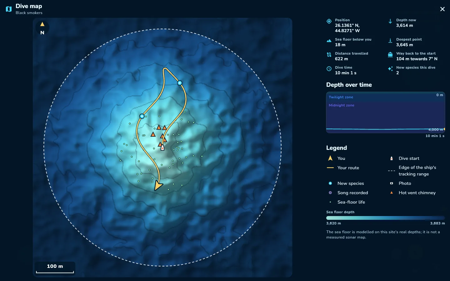 The full dive map at the Mid-Atlantic Ridge black smokers on a desktop browser: the route around the vent chimneys, dive facts, the depth profile and the legend.