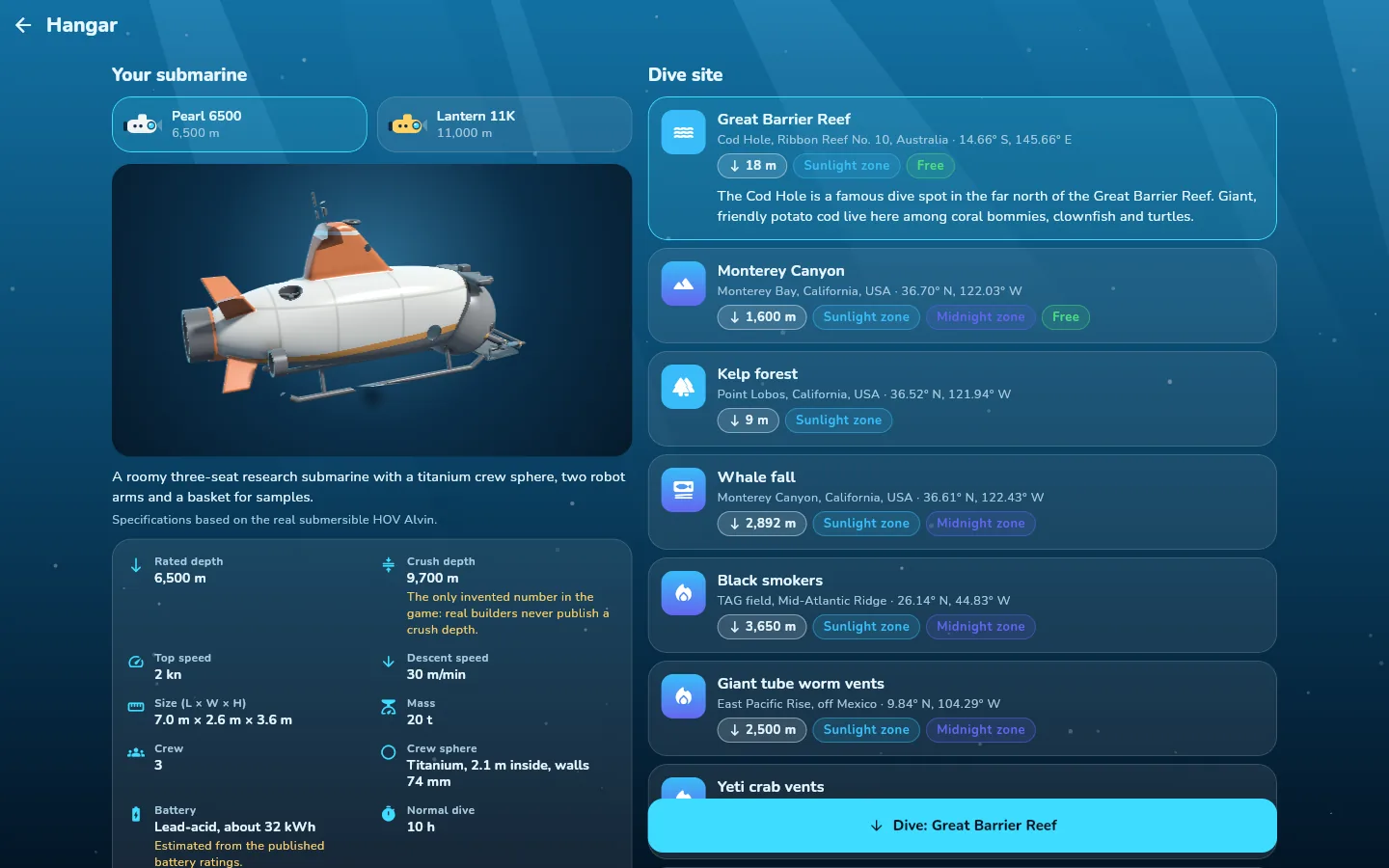 The hangar on a desktop browser: submarine specifications and the ten real dive sites to choose from.