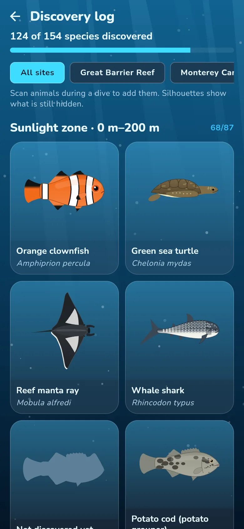 The discovery log: real species with their scientific names, and silhouettes of animals still to find.
