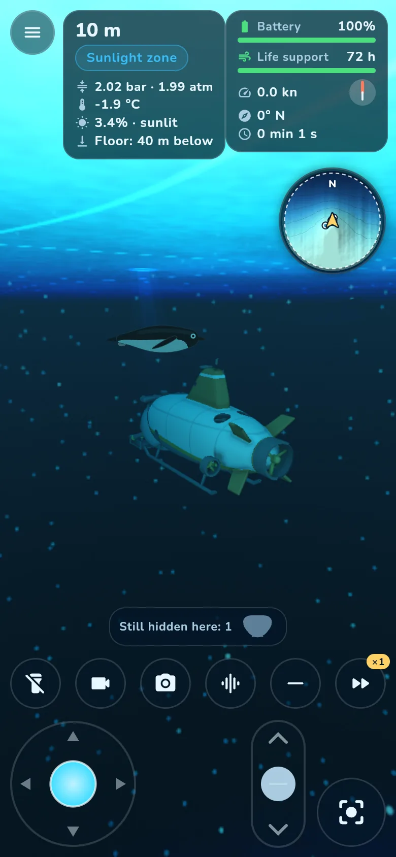 An Adélie penguin swimming under the Antarctic sea ice next to the submarine.