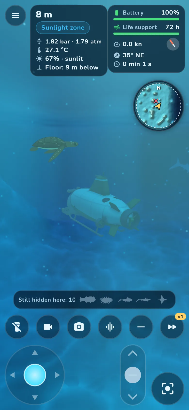The research submarine and a green sea turtle on the Great Barrier Reef in sunlit blue water, with the dive HUD showing depth, pressure, temperature and light.