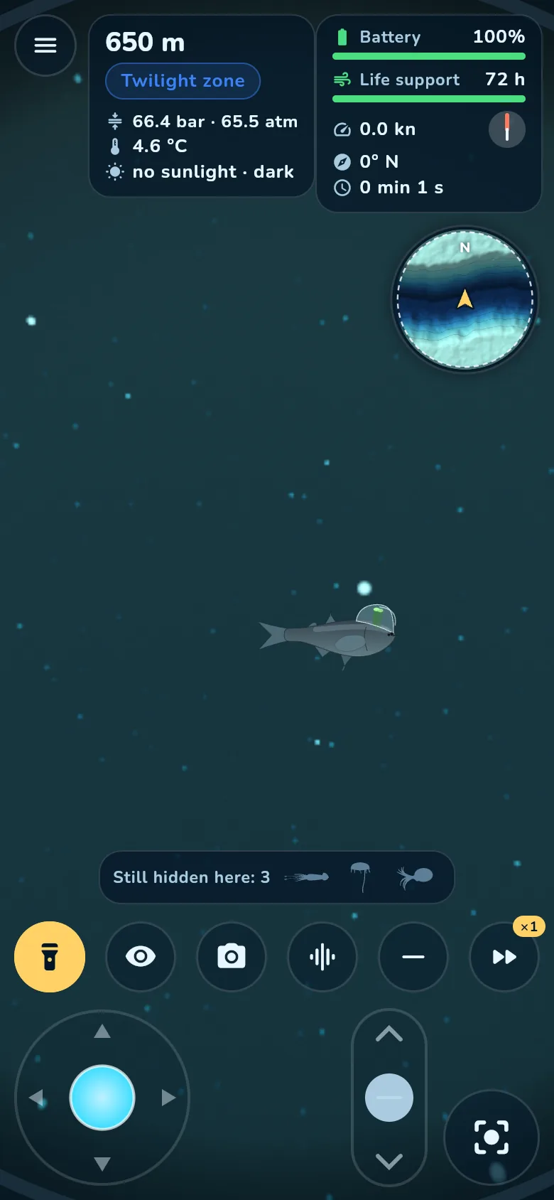 The view from the cockpit at 650 metres in Monterey Canyon's twilight zone: a barreleye fish with its see-through head in the floodlights.