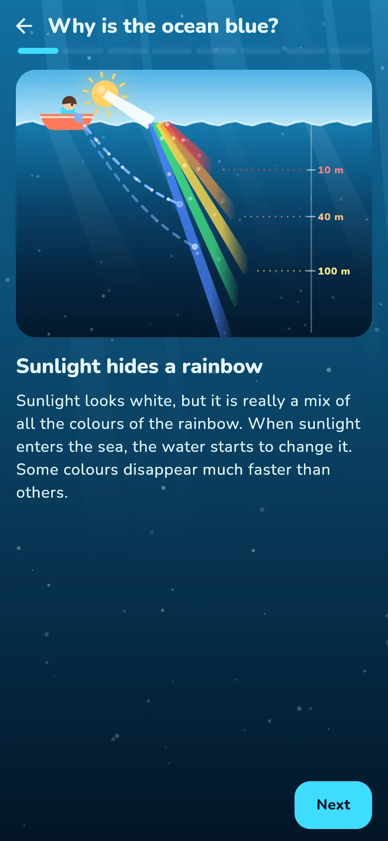 A lesson page about why the ocean is blue, with an illustration and a short explanation.