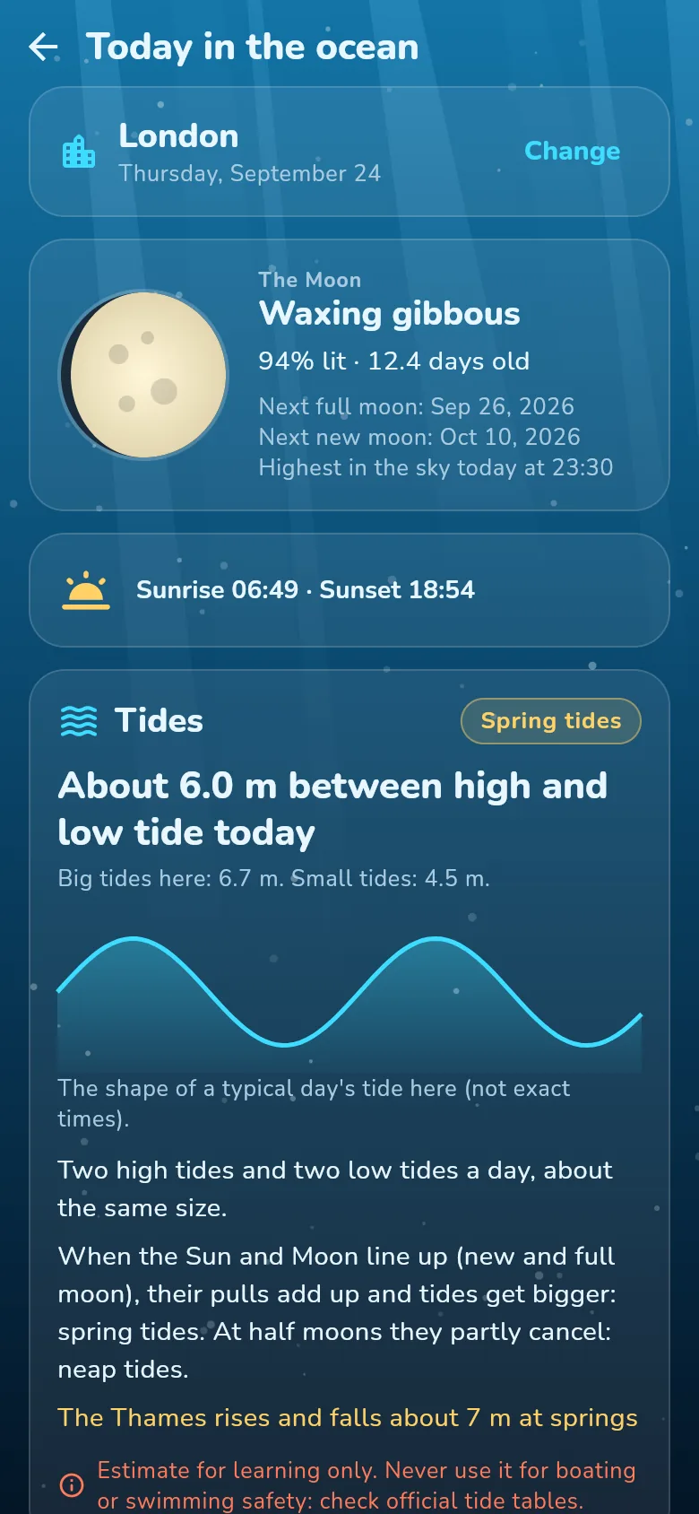 Today in the ocean: the moon phase, sunrise and sunset, and whether today's tides are big or small for a coastal city.